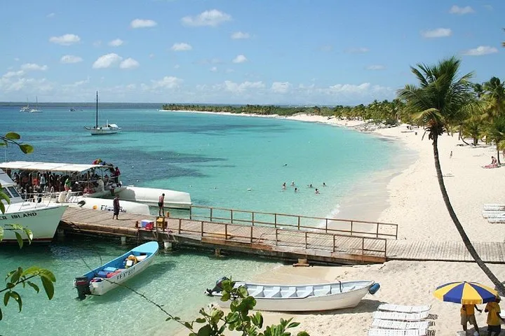 Catamaran with tourists docked at a wooden pier next to a palm-lined white-sand beach